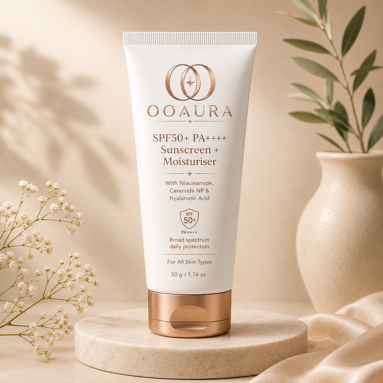 OOAURA SPF 50+ PA++++ Sunscreen Moisturiser with Niacinamide, Ceramides & Hyaluronic Acid